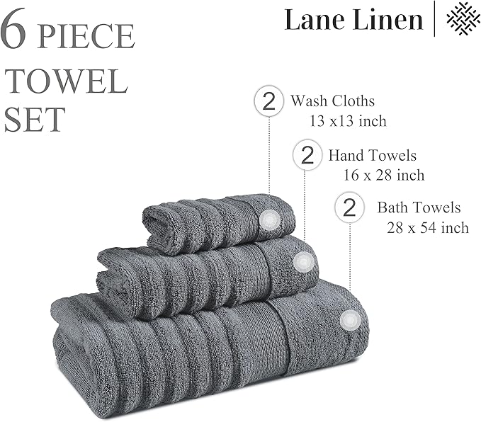LANE LINEN Large Bath Towel Set Absorbent Quick Dry 100% Cotton Soft - Grey | Cotton Towels - Fade-Resistant Color, Classic Terry Weave, Densely Woven, Coordinated Colors, Dobby Border Accent