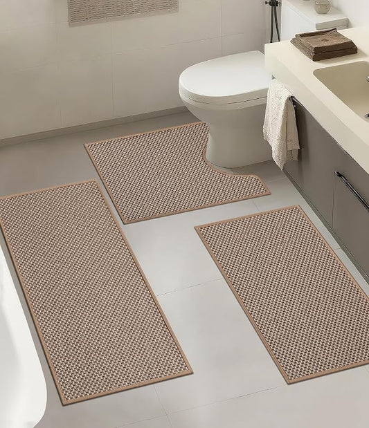 YIHOUSE Thin Bath Mat Khaki Bathroom Rugs Sets 3 Pieces, Non Slip Absorbent Bath Mats Quick Dry, Woven Braided Rugs Washable, Rubber Tapetes para Baño for Bathroom Toliet,Bathtub