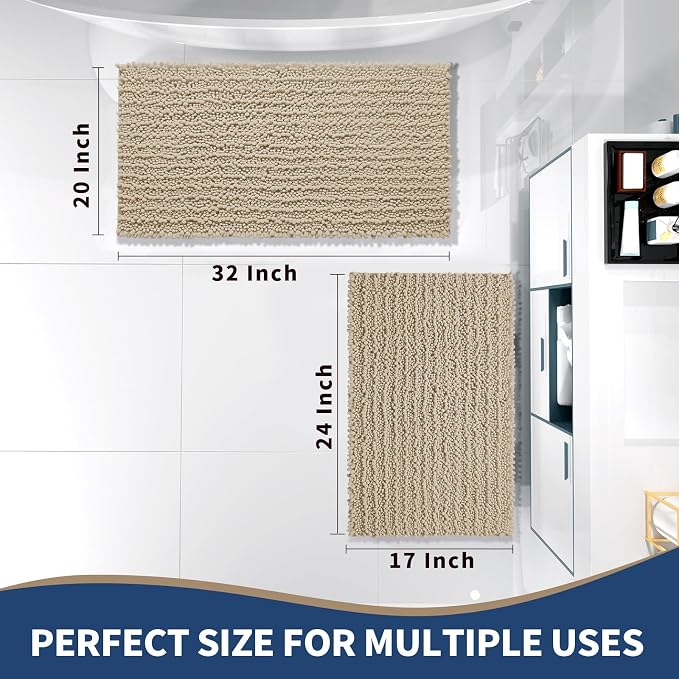 Yimobra Bathroom Rugs Sets 2 Piece - Quick Dry Extra Thick Luxury Chenille Bath Mat, Non Slip Super Absorbent for Tub Shower Sink, Machine Washable Shaggy Floor Mat, 32"x20"+24"x17" Inch, Pale Khaki