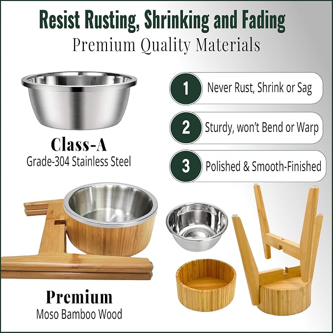 Elevated Dog Bowl for Mid-Large Breed, (12-Inch High, 64-oz) | Raised Food and Water Bowl with Stand, Flip-Resistant - Real Bamboo and Stainless Steel