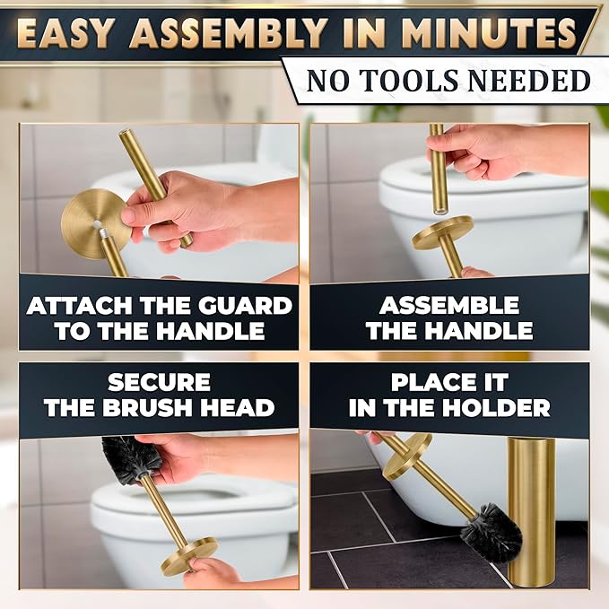 2 PCS Gold Toilet Brush and Holder Set - Brushed Stainless Steel Gold Toilet Bowl Brush and Holder with Replacable Head, Removable Inner Bowl, and Splash Protection - Dense Bristles for Cleaning