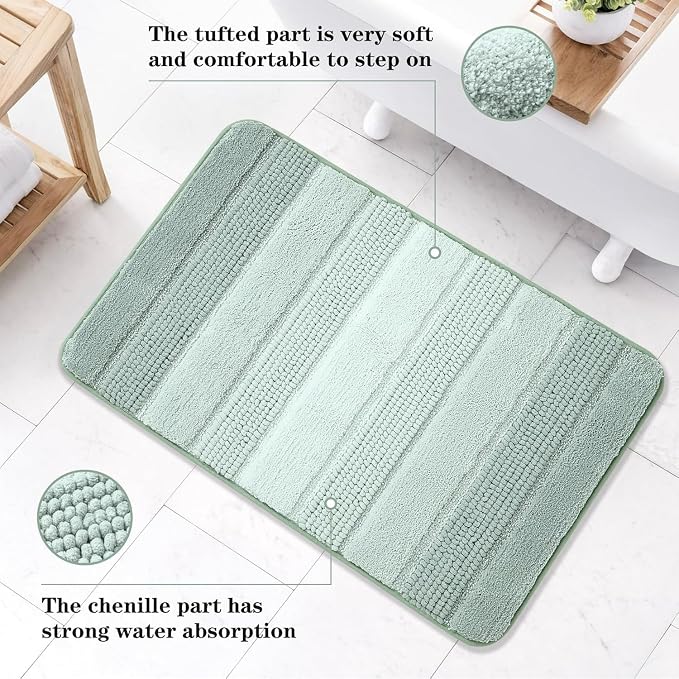 Kmson 3 Pcs Ombre Chenille Bathroom Rugs Set, Non-Slip Ultra Soft Washable Shaggy Bath Rugs for Bathtub, Thick Water Absorbent Microfiber Shower Mat Green