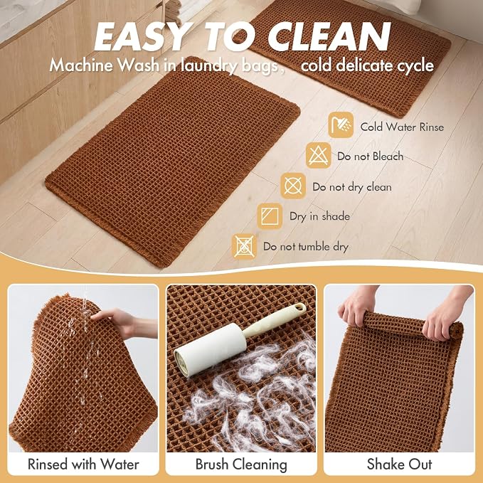 MIULEE Fall Terracotta Set of 2 Waffle Bathroom Rugs Bath Mat 18x30 Inch | Non Slip, Super Absorbent, Washable, Ultra Soft, Rubber Backed Bath Rugs for Bathroom Floor Tub Shower, Boho Decor