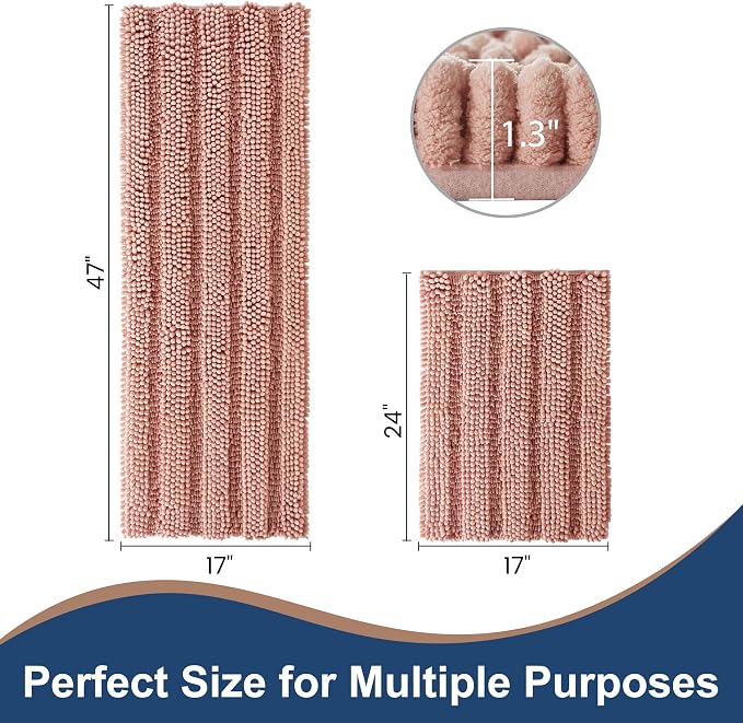 Non Slip Thick Shaggy Chenille Bathroom Rug Sets 2 Piece, Thickened Hot Melt Rubber Bottom Bath Mats for Bathroom, Bath Rugs Quick Dry Machine Washable for Shower (Coral Pink, 47"x17" Plus 17"x24")