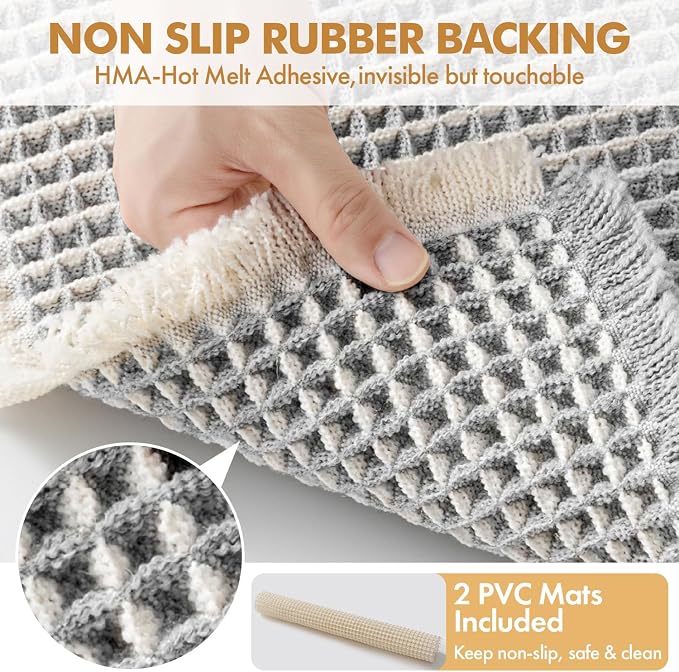 MIULEE Set of 2 Waffle Bathroom Rugs LightGrey&Cream Bath Mat 20x32 Inch | Non Slip, Super Absorbent, Washable, Ultra Soft, Rubber Backed Bath Rugs for Bathroom Floor Tub Shower, Boho Decor