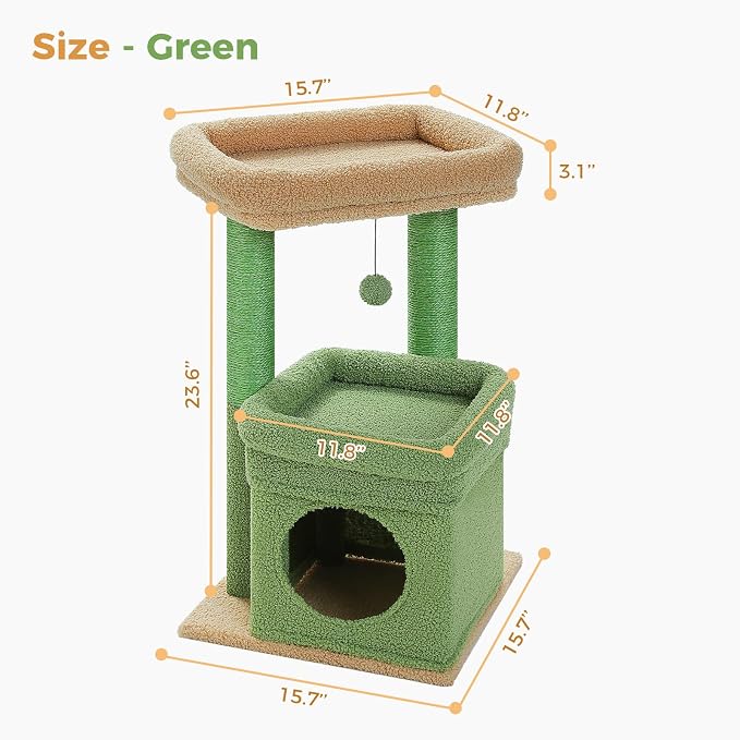 PEQULTI Indoor Cat Tree Tower Small Cats, Sisal Post & Cozy Condo, Green | Private soft cat condo, soft top perch, natural sisal scratch posts, plush pom-pom toy for indoor kitties