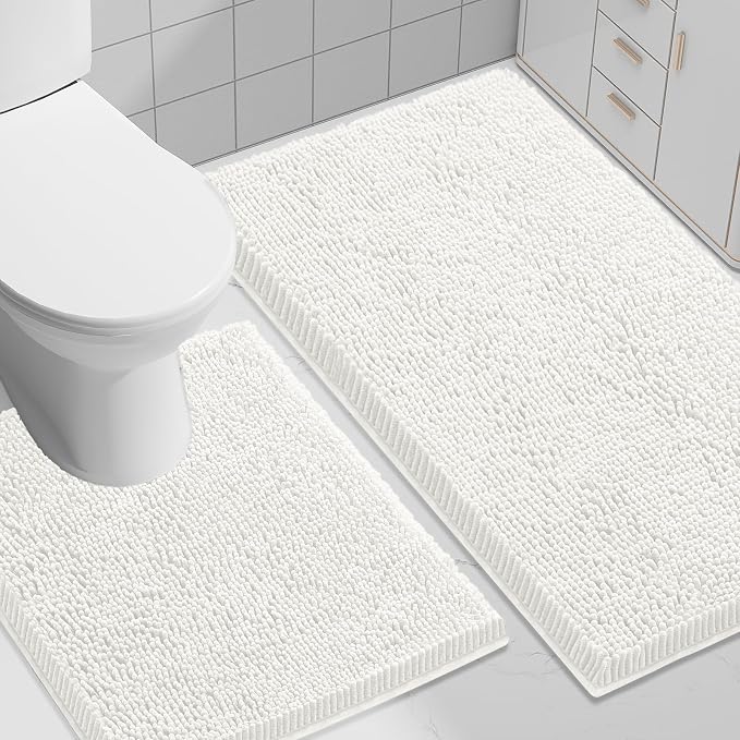 Smiry Chenille Bathroom Rugs Sets 2 Piece (30x20+ U Shape 24x20, Ivory) | Soft Absorbent Machine Washable Non Slip Shaggy Bath Rug Set for Tub, Shower, and Floor, Home Decor