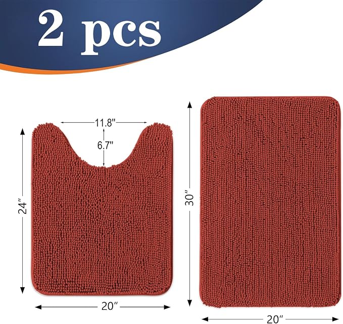 OLANLY Chenille Bath Rugs Sets 2 Piece, 30"x20"+24"x20", Rustic Terracotta | Soft Absorbent Bathroom Mat and U-Shaped Contour Toilet Rug Set, Quick Dry, Machine Washable Carpet, Home Decor Accessories