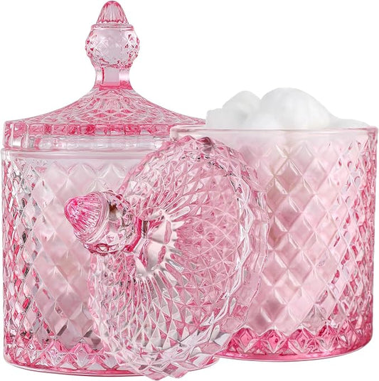 rejomiik 2 Pack Qtip Holder Glass Apothecary Jars with Lid for Bathroom Canisters Dispenser Decor, Storage Organizer for Cotton Swabs, Balls, Pads, Floss Picks, Candy, Pink