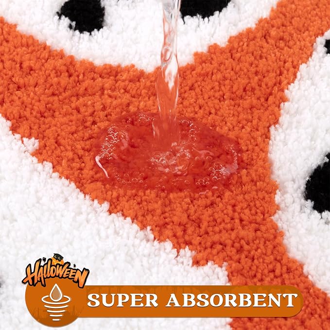 Pauwer Halloween Bathroom Rugs Sets 3 Piece, Fall Bath Mats, Orange Ghost | Spooky, Microfiber, U-Shaped Contour Toilet Rug, Soft Plush Absorbent, Quick Dry, Non Slip Washable Bath Mat Set