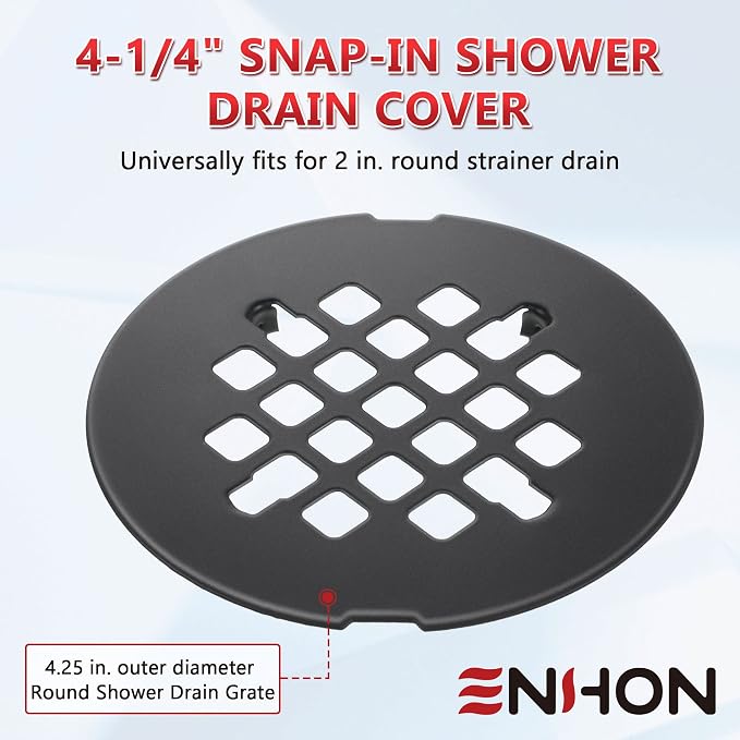 Enhon 2 Pack 4-1/4 Snap in Shower Drain Cover, Round Strainer Drain Grid, Bathroom Shower Grate Cap Replacement for Hair Catcher(Matte Black,Stainless Steel)