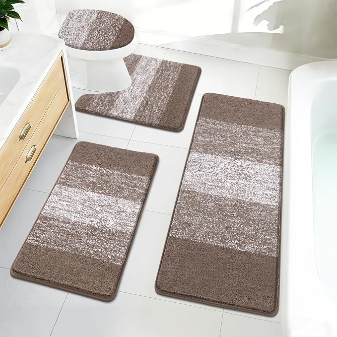 Bsmathom Bathroom Rug Set 4 Piece, Plush Microfiber Bath Mat, Coffee | Extra Water Absorbent, Non Slip Washable Runner Bath Rugs with Toilet Lid Cover and U-shaped Contour Toilet Mat