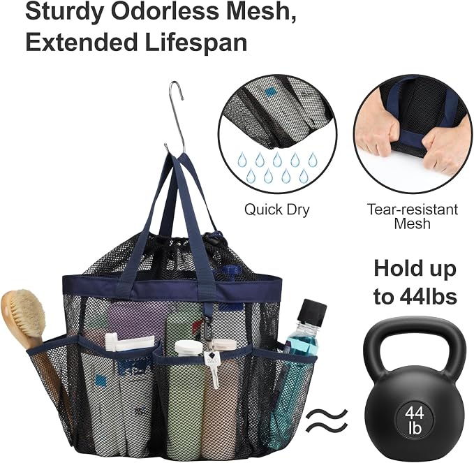 F-color Mesh Shower Caddy Portable with Drawstring - Large 8 Pockets Dorm Room Essentials for Guys Girls with S Hook, Shower Bag Basket Tote for College Camping Gym Travel Toiletry Bathroom, Dark Blue