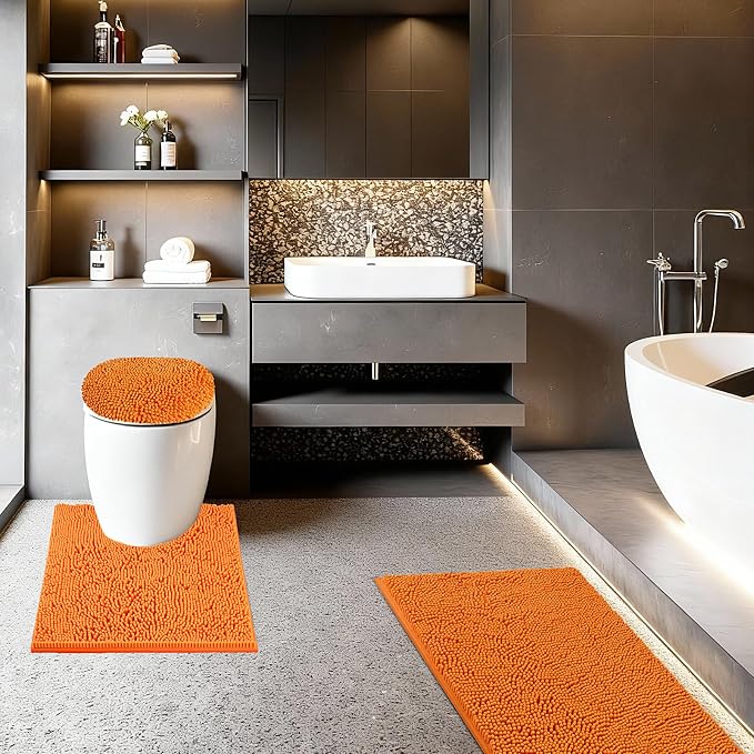 Bathroom Rugs Sets 3 Piece with Toilet Seat Cover 19.5"x 18.5" | Machine Washable Bath Rug Set with Tpr Non Slip Rubber Backing Solid Bath Mat Set for Luxury Bathroom Decoration