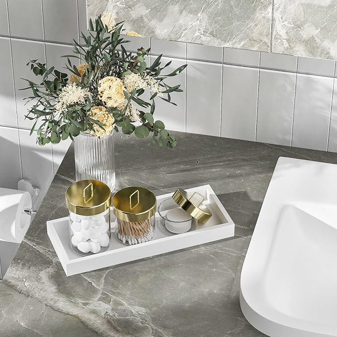 Bathroom Vanity Tray for Counter Bamboo Bathroom Decorative Tray, Dresser Top Perfume Tray for Home Decoration 11.3” L x 4.4” W x 1.14” H （White）