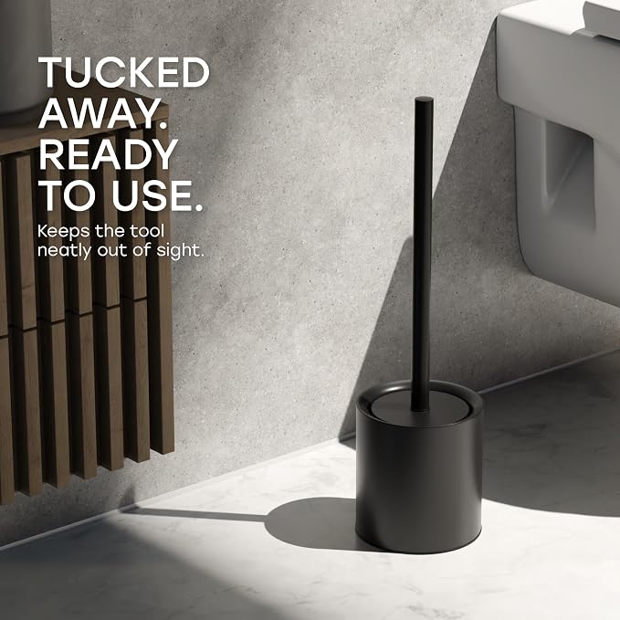 Toilet Bowl Brush with Holder and Lid – Matte Black | Modern toilet bowl brush set with steel holder, splash guard protection, and sturdy handle in matte black
