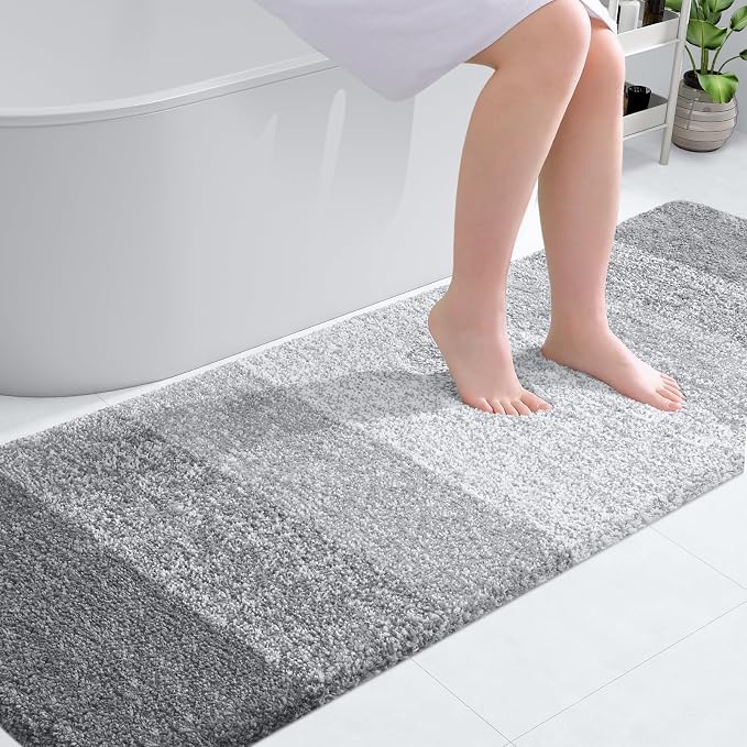 OLANLY Bathroom Runner Rug 70x24, Extra Soft Absorbent Microfiber Bath Rugs | Light Grey, Non-Slip Quick-Drying Rubber Backing, Washable Long Bath Mat for Floor, Tub and Shower, Home Decor