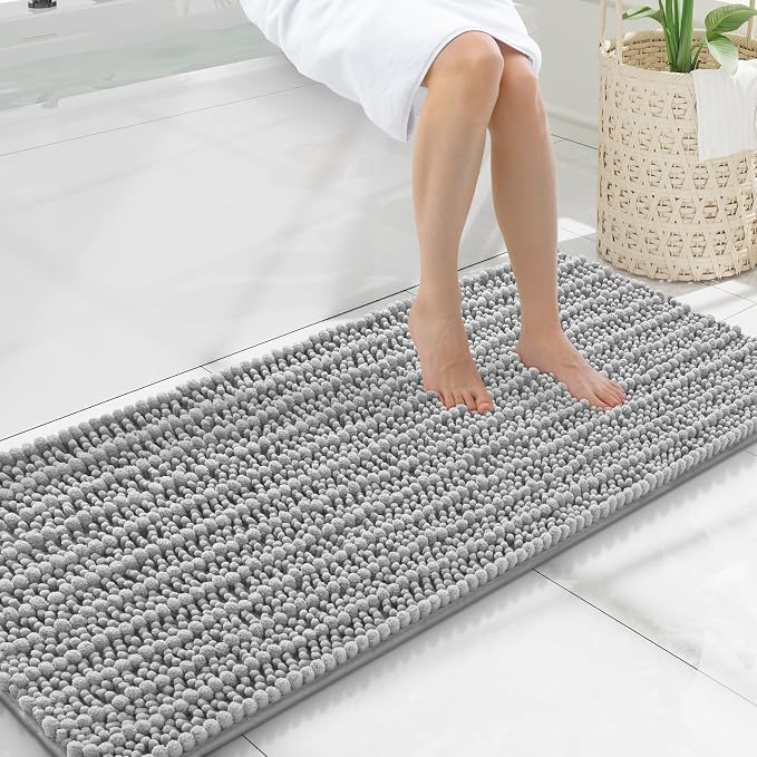 Smiry Bathroom Rugs 47X20, Extra Soft Rubber Backing Chenille Bath Mats | Light Grey Machine Washable Non Slip Quick Dry Bath Mats for Bathroom Floor, Tub, Shower, Home Decor Accessories