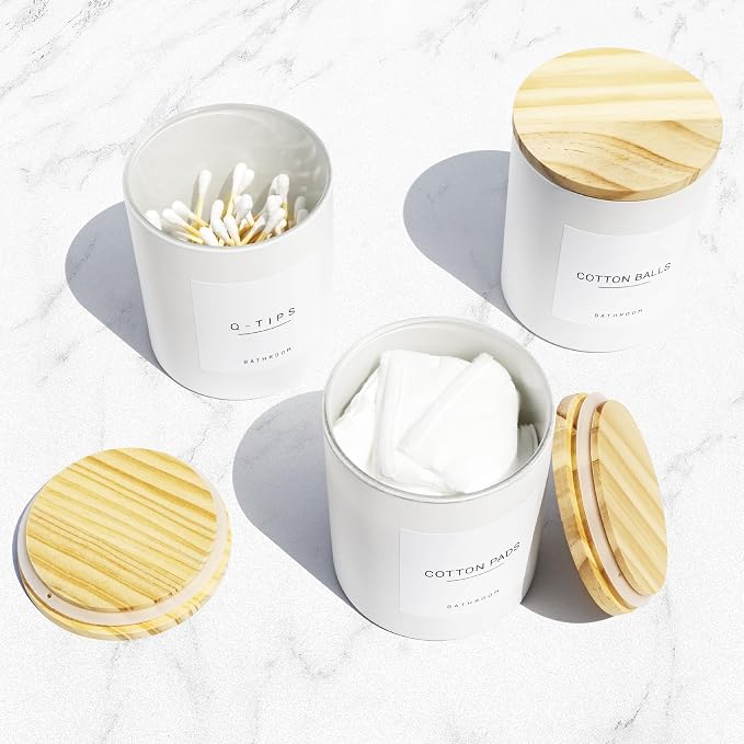 3PCS Farmhouse 13.53oz White Bathroom Canisters with 12 Labels & Wooden Lid Thick Glass Jar Set Qtip Holder for Cotton Ball & Pads Storage Organization Minimalist Decor