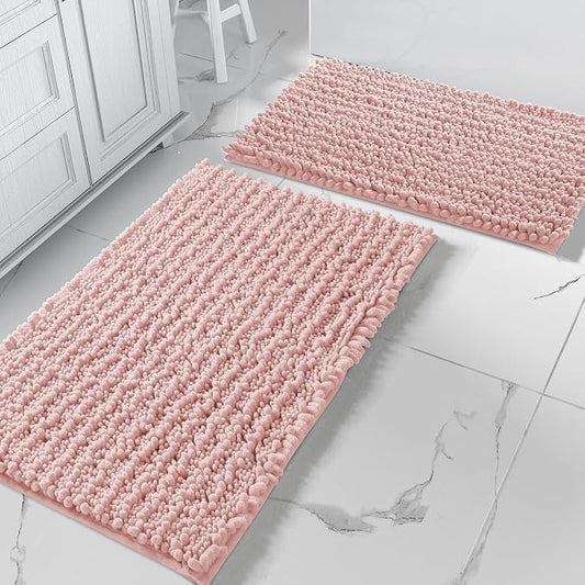 Yimobra Bathroom Rugs Sets 2 Piece - Quick Dry Extra Thick Luxury Chenille Bath Mat, Non Slip Super Absorbent for Tub Shower Sink, Machine Washable Shaggy Floor Mat, 32"x20"+24"x17" Inch, Pink