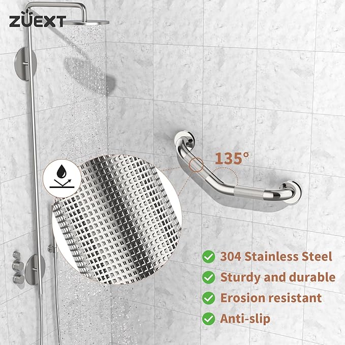 16 Inch Angled Grab Bar, ZUEXT Anti-Slip Shower Grab Bar Handles w/Knurled Texture Grip, Chrome Stainless Steel Bathroom Balance Bar, Safety Hand Rail Support for Handicap Elderly Injury Senior