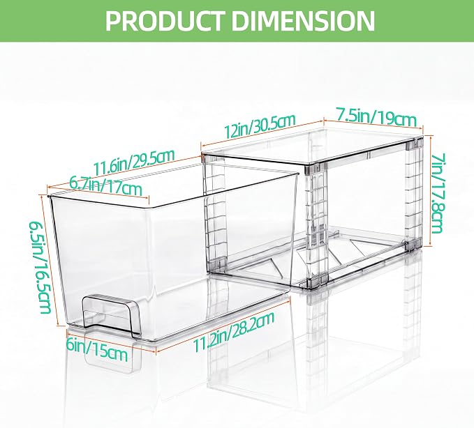 Medium Clear Stackable Storage Drawers (4 Pack), High-strength Acrylic Organizer Bins with Handles, Plastic Drawers for Fridge Bathroom Cabinet Closet Undersink Pantry Kitchen Makeup Storage