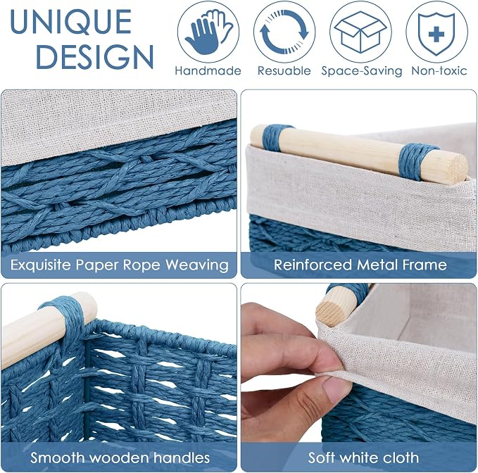 Wicker Storage Basket with Wooden Handle 2 Pack–Paper Rope Decorative Toilet Paper Baskets & Bathroom Organizer for Toilet Tank Top, Shelves, Bedroom, Countertop,Home,Office Storage Bins,Dusty Blue