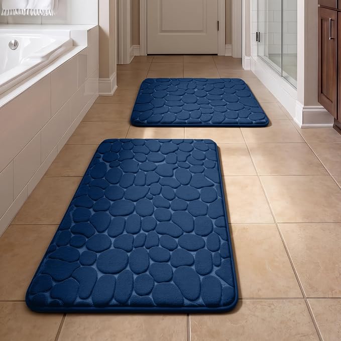YIHOUSE Bathroom Rugs Mat Set, Memory Foam Bath Mat 2 Piece Navy Blue | 17x24&20x32, Non Slip, Water Absorbent, Washable, Bath Mat For Bathroom, Sink and Toilet