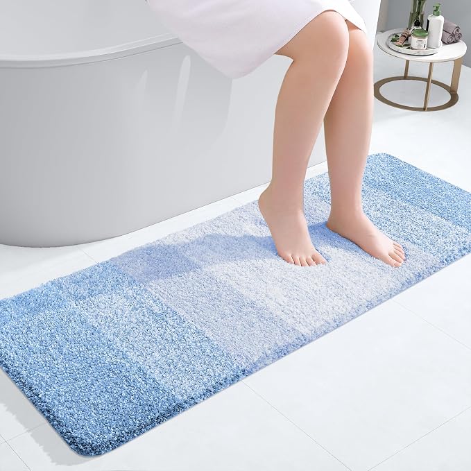 OLANLY Bathroom Runner Rug 47x17, Extra Soft Absorbent Microfiber Bath Rugs | Light Blue, Non-Slip Quick-Drying Rubber Backing, Washable Long Bath Mat for Floor, Tub and Shower, Home Decor