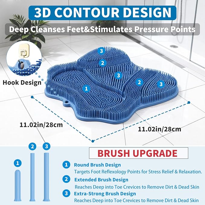 Show Foot Scrubber Mat & Silicone Back Scrubber with Butterfly Form Design,3 Brush Designs for Deep Cleaning Shower Foot Scrubber Mat, Wall Mounted Back Scrubber Silicone Bath(Blue)