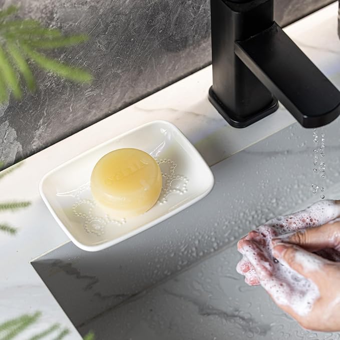 Gomakren Ceramic Soap Dish Bar Soap Holder for Bathroom Kitchen Sink White | Keeps soap dry & long-lasting, raised scalloped design, non-slip base, easy to clean, versatile tray counter storage & decor