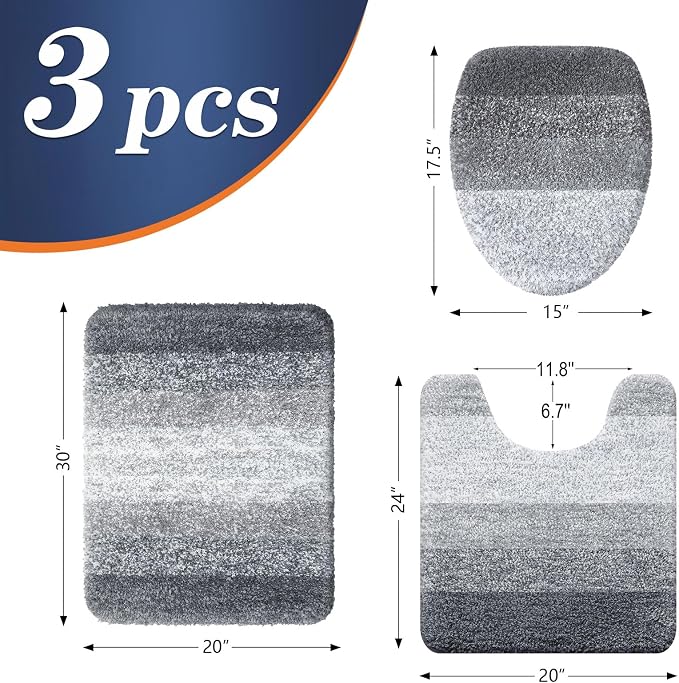 OLANLY Bathroom Rugs Sets 3 piece, Soft Microfiber Absorbent Bath Mat, U-Shaped Contour Toilet Mat and Toilet Lid Cover, Quick Dry, Machine Washable, Toilet Cover and Rug Set for Bathroom, Grey