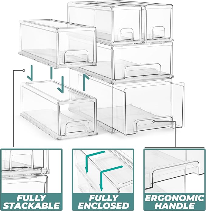 Sorbus 1 Medium and 2 Small Clear Stackable Storage Drawers, Plastic Storage Drawers with Handles, Craft, Clothes, Medicine, Makeup, Closet, Art Supply, Bathroom, Shoe, Toy Storage Organizer (3 Pack)