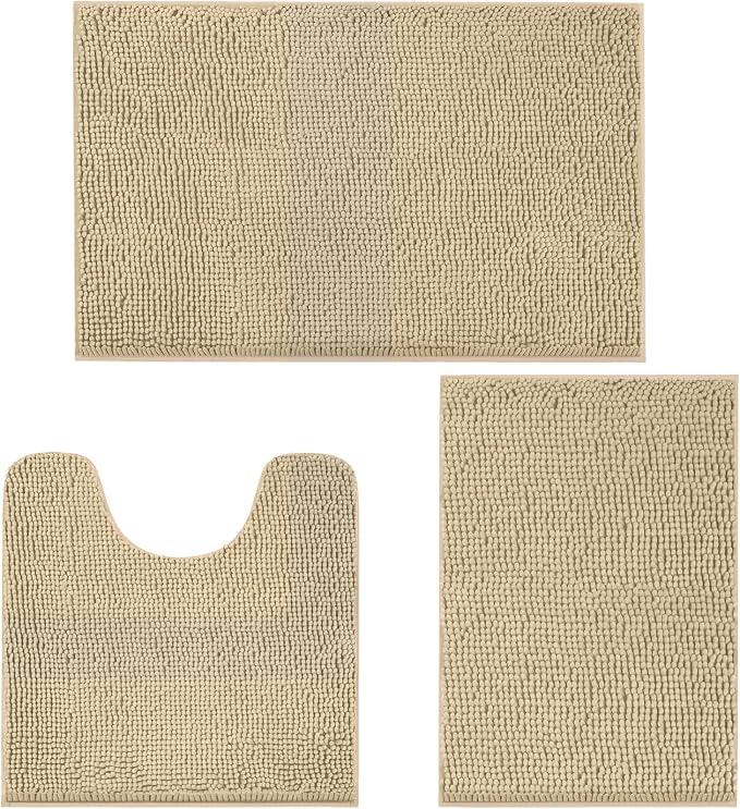 LINLA 3 Pieces Bathroom Rugs Set, Non-Slip Chenille Bath mat | Absorbent Thick Plush Chenille Carpet Mats Set,Washable Dry Quickly with U-Shaped Toilet Mat for Tub, Shower