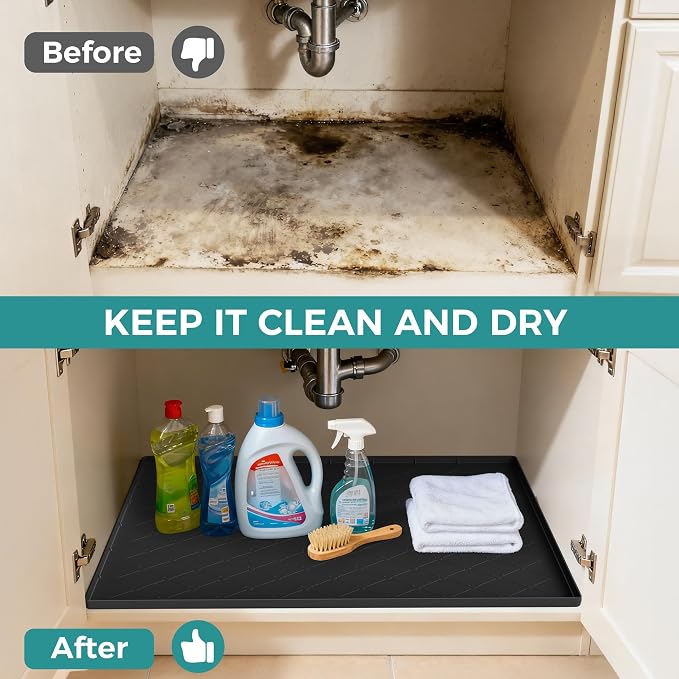 URMONA 34" x 19" Waterproof Silicone Mat in Multiple Sizes & Colors, Under Sink Mat for Kitchen & Bathroom, Pet Food Pad for Dogs & Cats, Kitchen Cabinet Liner, Multi-Purpose for Storage(Khaki)