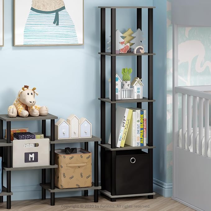 FURINNO TNT No Tools 5-Tier Display Decorative Shelf, French Oak Grey/Black/Black