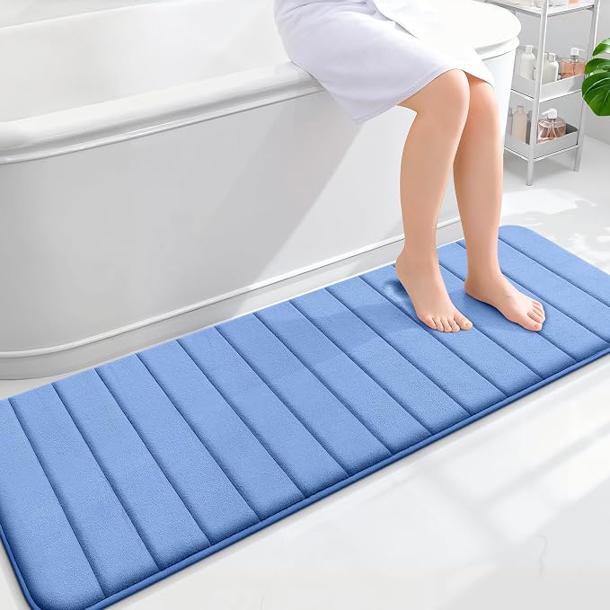 OLANLY Memory Foam Long Bathroom Rugs Runner 59x20, Super Soft Absorbent | Cornflower Blue, Quick Dry Bath Mat, Machine Washable Shower Floor Rugs, Bathmat Carpet for Bathroom Floor, Tub and Shower