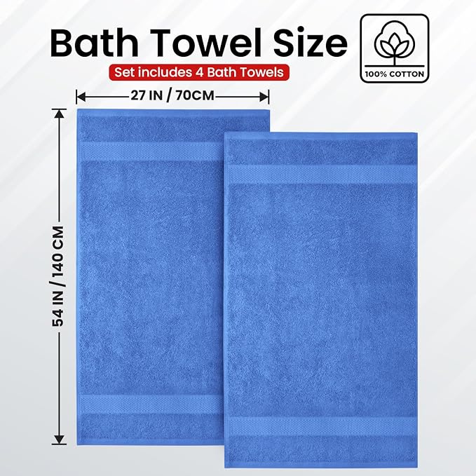 Infinitee Xclusives 100% Ring-Spun Cotton Bath Towels for Bathroom - Pack 4 | Luxury Super Soft, Absorbent & Quick-Drying |27x54 inches| Large Bathroom Towels Set |600 GSM| Gym, Shower, Spa & Hotel Use