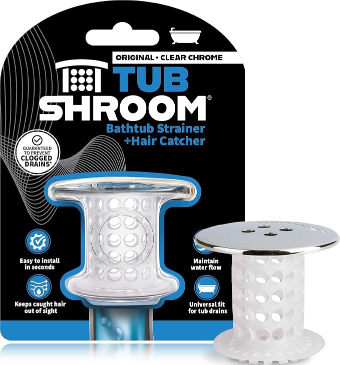 TubShroom Tub Drain Hair Catcher, Chrome – for Bathroom Drains, Fits 1.5” – 1.75” Bathtub and Shower Drains, White