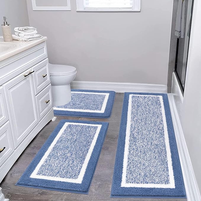 Pauwer Bathroom Rug Sets 3 Piece, Non Slip Washable Bath Mat, Blue | Soft Plush Microfiber, Super Absorbent Floor Carpet, U Shaped Toilet Mats, Quick Dry, Shaggy Shower Rugs Runners