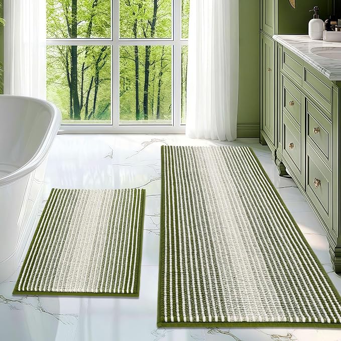 Bathroom Rugs Sets 2 Piece, Non Slip Striped Bath Mats, Sage | 20"x47" Plus 20"x32", Soft Absorbent Chenille, Quick Dry Machine Washable, Shower Rug for Bathroom Floor, Tub, Bedroom Decor