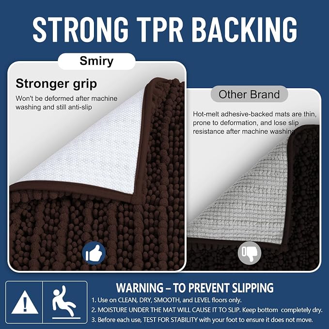 Smiry Bathroom Rugs 44X24, Extra Soft Rubber Backing Chenille Bath Mats | Brown Machine Washable Non Slip Quick Dry Bath Mats for Bathroom Floor, Tub, Shower, Home Decor Accessories