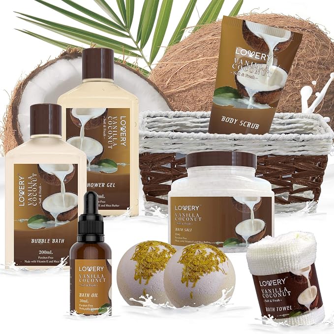 Gifts For Women Gift Basket for Women– 9 Piece Set of Vanilla Coconut Home Spa Set, Luxurious Gifts for Her, Bath and Body Sets Includes Fragrant Lotions, Large Bath Bombs, Coconut Oil