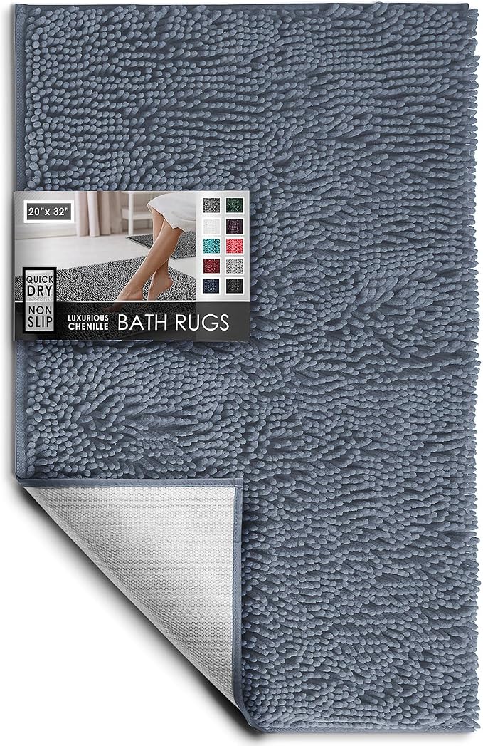 Hearth & Harbor Bathroom Rugs, Chenille Bath Mat - Machine Washable Bath Mats for Bathroom Non-Slip Backing Rubber, Quick Dry Bathroom Mat, 20 x 32 - Stone Blue