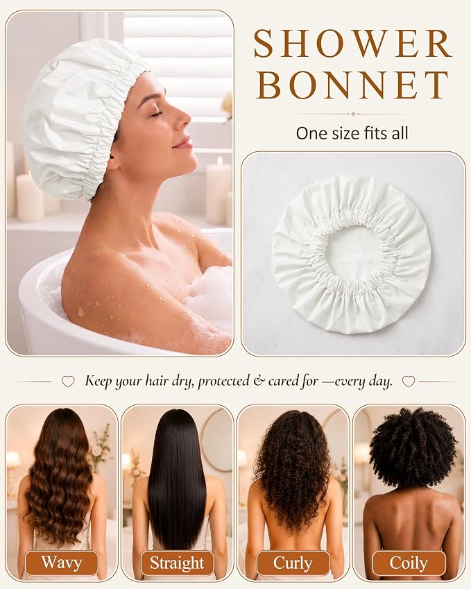 Edoneery Shower Caps for Women Reusable Waterproof, Shower Hair Cap | Washable Bonnet, Wide Elastic Band, Large Fit, Holds Long Hair, Braids Friendly, Bath Accessories, Spa, Travel