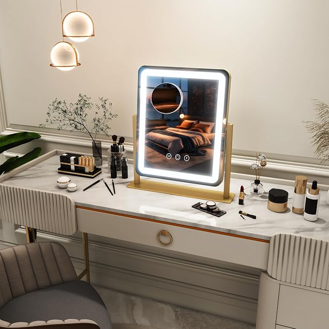 FENNIO Vanity Mirror with Lights - 15"x12.6" LED Lighted Makeup Mirror, Large Makeup Mirror with Lights, Touch Screen with 3-Color Lighting, Dimmable, for Vanity Desk Tabletop, Bedroom Gold