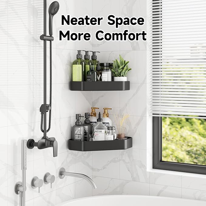Veken Aluminum Corner Shower Caddy 4-Pack, Never Rust, No Drilling Adhesive Shelves, Stainless Rack with Soap Holder, Bathroom Organizers and Storage, Wall-Mounted Kitchen & Home Decor, Black