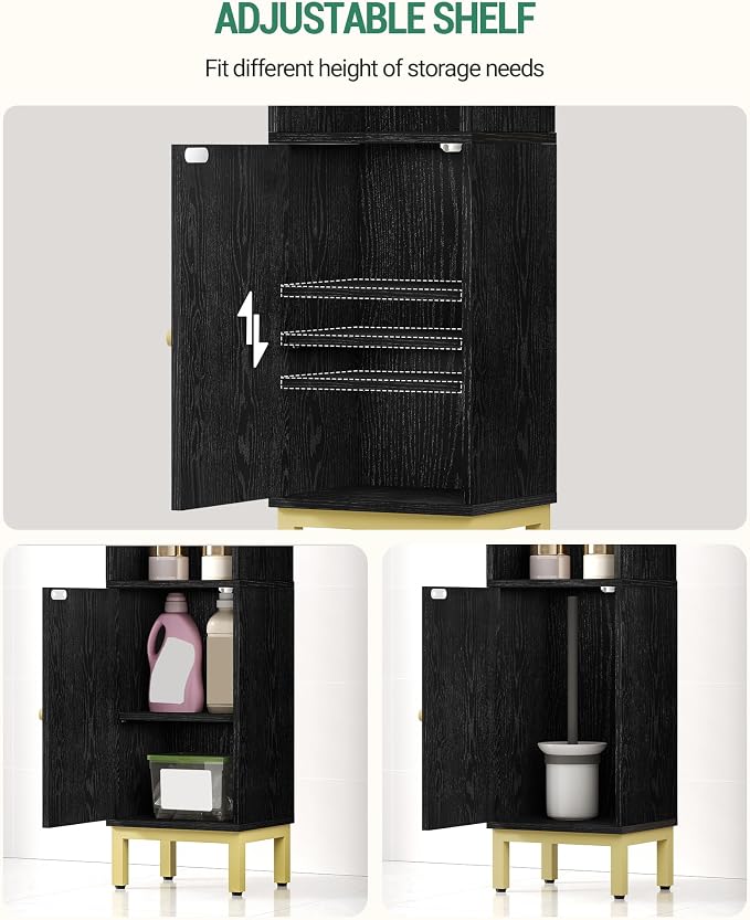 Hzuaneri Bathroom Storage Cabinet, Small Corner Floor Cabinet with Door and Shelves, Narrow Toilet Paper Holder, Bathroom Organizer with Adjustable Shelf, for Small Spaces, Black BC38204GV1