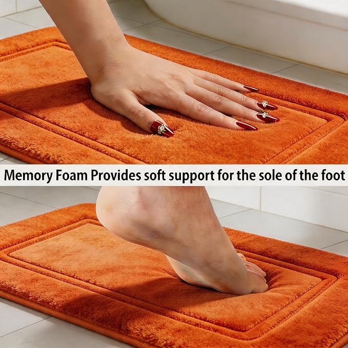 Bathroom Rugs Set 3 Piece Memory Foam, Bordered Toilet Rug, Non-Slip Orange | Fall, Halloween & Thanksgiving Decor — Warm Orange bath mats, absorbent and washable, with a U-shaped toilet mat.