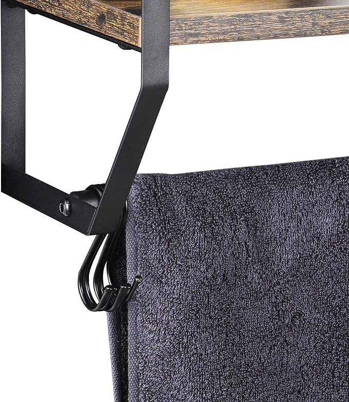 OYEAL Bathroom Shelf with Towel Bar Wall Mounted Towel Rack Rustic Towel Shelf for Bathroom with 5 Hooks, 2 Tier Shelf Storage Organizer for Living Room, Kitchen, Bedroom, Rustic Brown